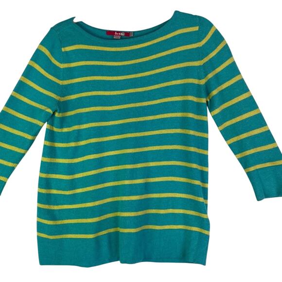 Boden Sweater Womens 6 Green Yellow Striped Boat Neck Cashmere Angora - Picture 1 of 12